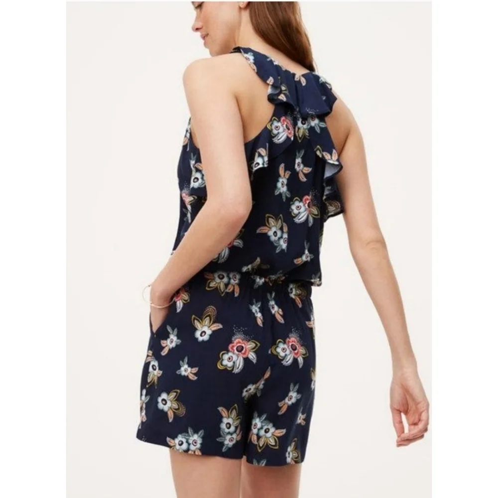 Loft Ruffle Racerback Floral Romper Navy Size M - Picture 3 of 15